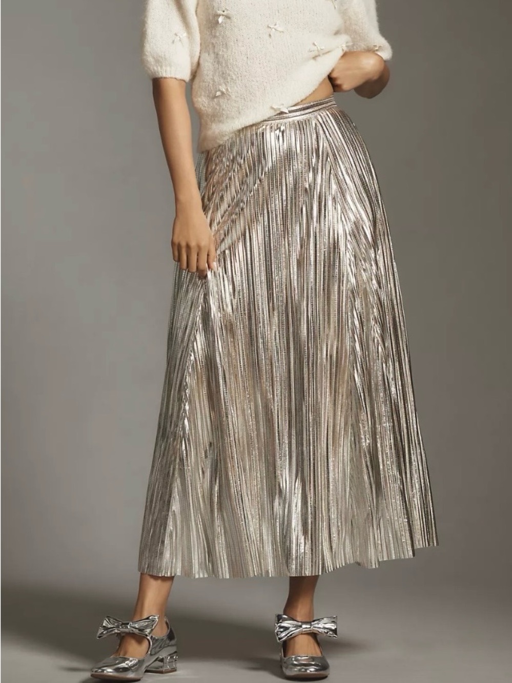 Maeve Silver Metallic Pleated Midi Skirt